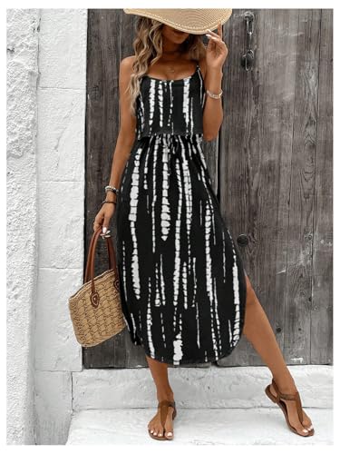 Image of RoseSeek Women's Spaghetti Strap Tie Dye Cami Sun Dress Beach Midi Summer Dresses Resort Wear Vacation Outfits