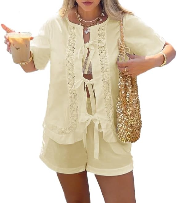 Women Summer 2 Piece Sets Short Short Sleeve Tie Front Tops and Shorts Cotton Pajamas Lounge Set