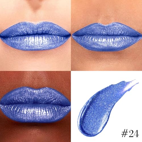 Image of evpct Blue Metallic Glitter Lip Liner and Lipstick Combo Lip Gloss Stain Set Makeup for Women Long Lasting Waterproof 24, Non Stick Cup Metal Shine Shimmer Iridescent Liquid Lipstick 24