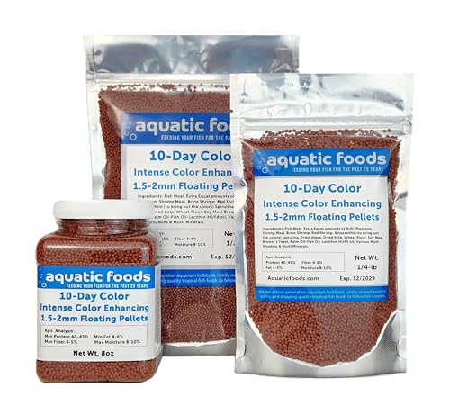Aquatic Foods Inc. Ultra Intense Color Enhancing with a 10-Day Color Change, 1.5mm - 2mm Floating Pellets for Cichlids, Discus, All Baby and Small Tropical Fish & Pond Fish…8oz Jar