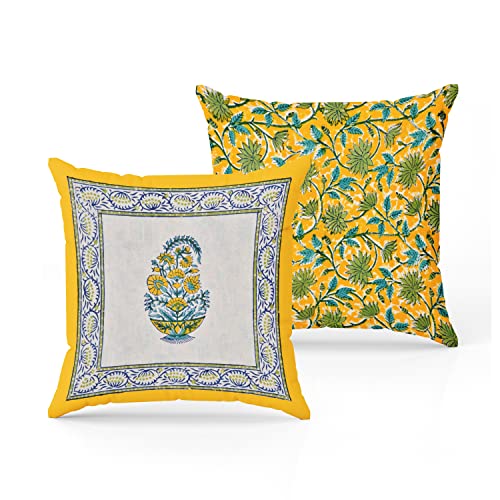 Image of BLOCKS OF INDIA Hand Block Printed Cotton Linen Cushion Cover (16 X 16 Inches) (Blue Yellow Motifs), 250 TC