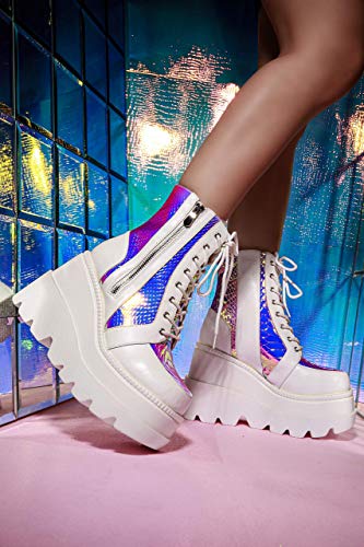 Zbyy Women Chunky Platform Boots Round Toe Lace-Up Zip High Heel Combat Wedge Ankle Boots Waterproof Motorcycle Boots White #TOP5