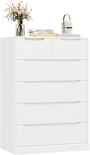 Miniatura 9 de HOSTACK Cómoda moderna de 6 cajones para dormitorio, cómoda alta con almacenamiento, organizador grande de madera con asa recortada, armario de