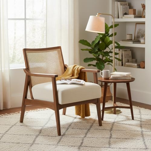 Image of APRODZ Mango Wood Arm Chair for Living Room with Cane Back & Wooden Armrest | Solid Wood Chair for Home Use Bedroom Dining Drawing Room and Balcony | Solid Wood Accent Chair, Brown Finish