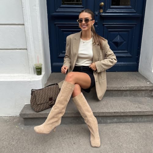 Image of DOBOYG Knee High Suede Boots for Women Wide Calf Square Toe Tall Boots | Stiletto High Heels Pull On Fashion Long Booties