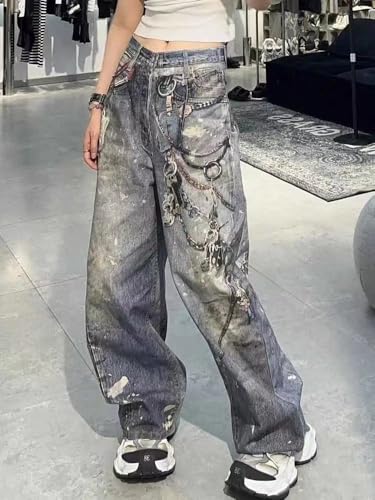 Vintage Grunge Heavy Industry 3D Chain Printed Straight Leg High Waist Jeans Harajuku Hip Hop Casual Trendy Y2k Baggy Pants3