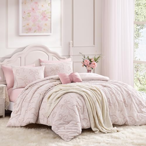 Image of Andency King Size Cute Comforter Set, 3 Pieces Pink Boho Tufted Bedding Set, 3D Puffy Bow Comforters for All Seasons (1 Comforter, 2 Pillow Shams), 104 inchx90 inch, Soft Peach