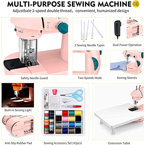 Image of Magicfly Mini Sewing Machine with Extension Table, Dual Speed Portable Sewing Machine for Beginners with Light, Sewing Kit for Household Use, Pink