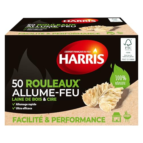 HARRIS - 50 Rouleaux Allume-feu - 100% naturels - Laine de Bois & Cire - Allumage Rapide - Ultra Efficace - Etui Carton refermable - Bois FSC - Fabrication...