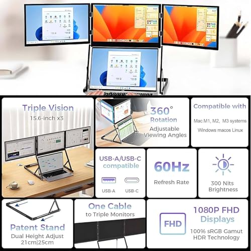 Image of Triple 15.6 Pro Max 3 Screen Monitor, 1080p Tri Fold Monitor for Laptop Extender, Fhd Extended Laptop Screen Extender with 360 Rotation Adjustable Viewing Angles
