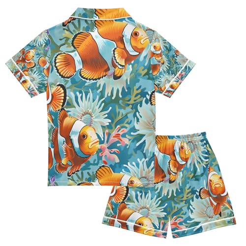 senya Colorful Coral Fishes Satin Summer Pajama Sets Silk Short Sleeve Button Down Sleepwear2