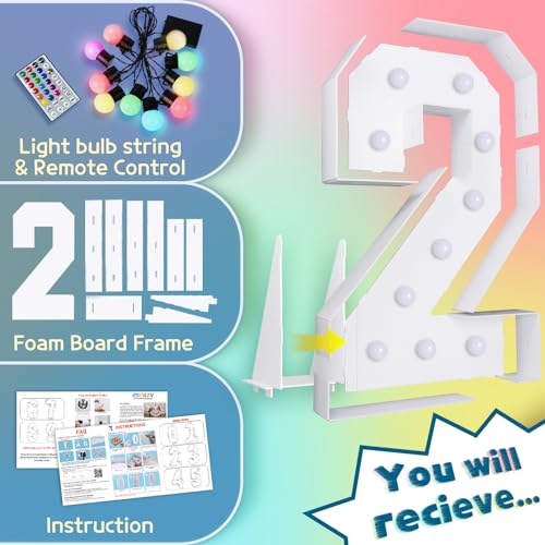 Image of Imprsv Colorful 4FT Marquee Numbers 2, 18 Colors Large Light up Numbers | RGB with Remote, Birthday Party Decorations Anniversary Wedding Decorations Assembly Required 21 Pcs Accessory Set