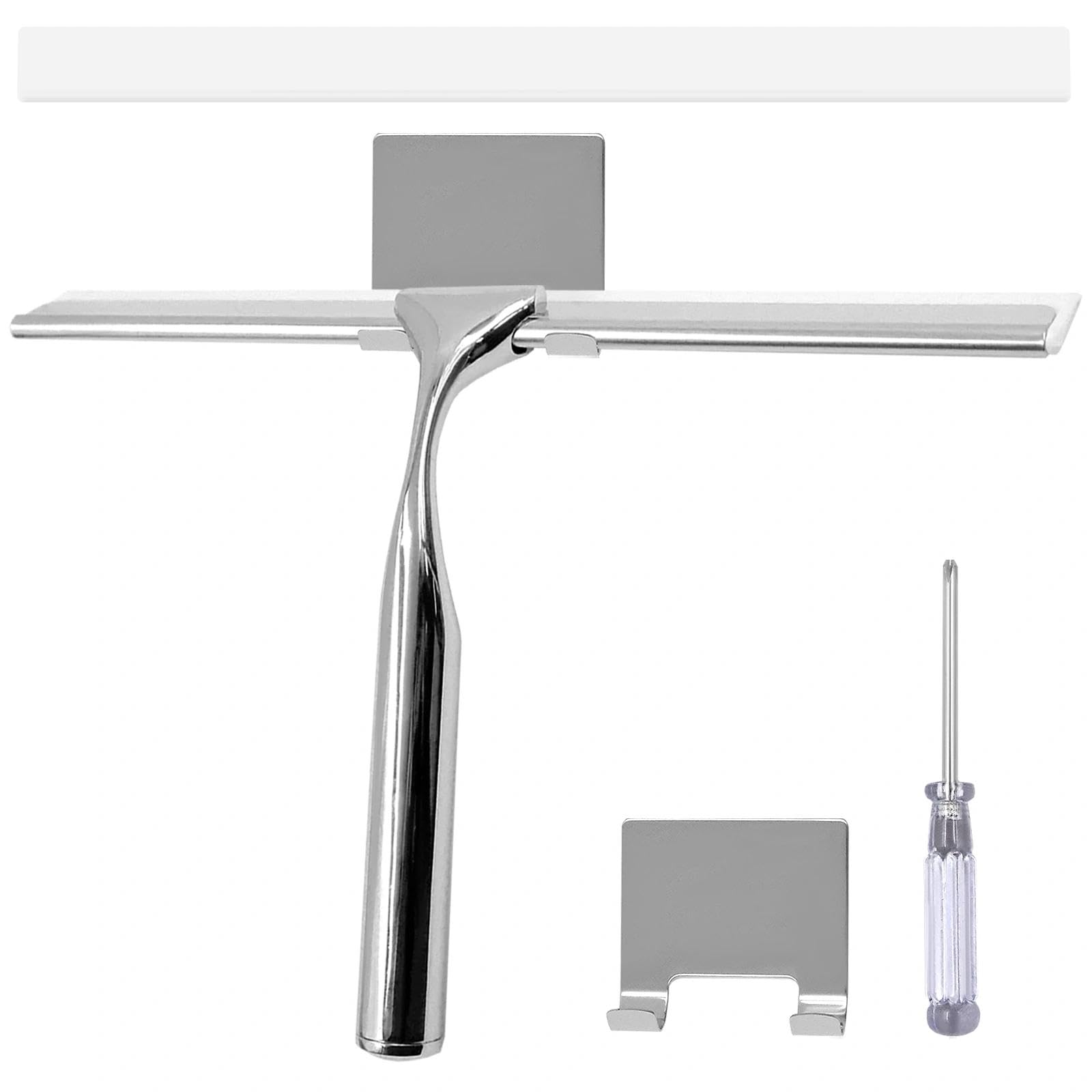 Ennoxwi Silver Stainless Steel Shower Squeegee With Holder–Shower Screen Wiper & Window Squeegee,Includes Mounting Tools For Streak‑Free Cleaning Of Shower Cubicles,Bathroom Tiles,Mirrors And Glass Surfaces