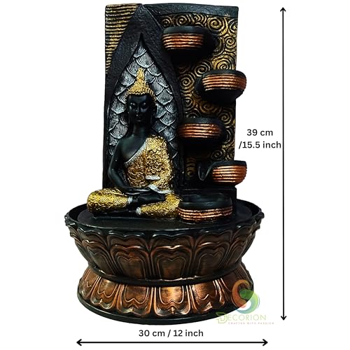 Image of Meditating Buddha Four Step Diya Water Fountain for Home Decor /Office /Indoor & Outdoor /Garden /Puja Room /Vaastu with Multicolor LED Light and Adjustable Water Pump (D-067)