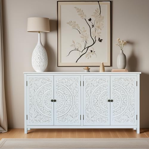Image of 60 inch Antique White Solid Wood Buffet Cabinet - Carved Sideboard for Entryway, Accent Cabinet for Living & Dining Room
