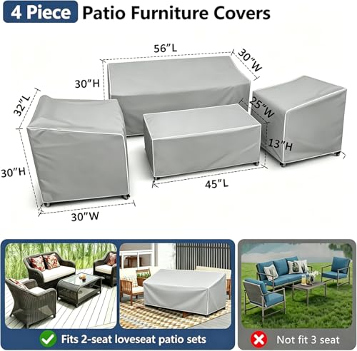 Image of STARTWO Patio Furniture Covers 4 Piece Set, Waterproof Outdoor Furniture Cover for Rattan Wicker Conversation Set (Grey+White Seams, Regular)