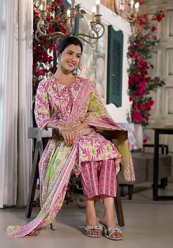 Image of MIRCHI FASHION Pure Cotton Women Straight Jaipuri Floral Print Kurti Set with Dupatta and Pant