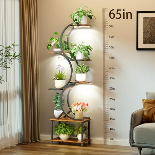Plant Stand Indoor with Grow Lights, 65 inch Tall Plant Shelf for Multiple Plants, 7 Tiered Metal Plant Stands Indoor, for Living Room, Corners Patio Balcony or Office (Rustic Brown)