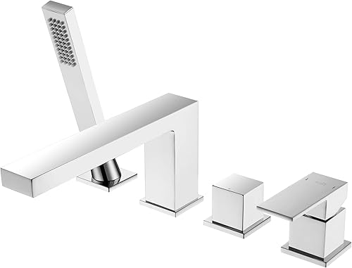 KIBI Cubo Grifo de bañera romana de una sola manija con ducha de mano montado en la cubierta de bañera con desviador (cromado) (KTF3102) disponible en Yaxa El Salvador