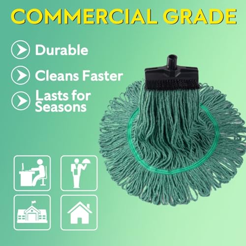 Image of Matthew Large Heavy Duty Mop Head Commercial Replacement for General and Floor Cleaning, Screw-on Wet Industrial Cotton Looped End String Head Refill (Green 2Pack) w /Built-in Flexible Bristle Brush