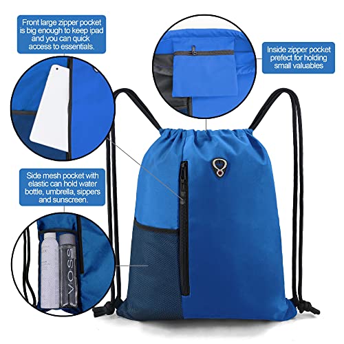 Image of BeeGreen Royalblue Draw Strap Backpack For Men With Water Bottle Pocket &Front Zippered Pocket Large String Bags For Traveling Yoga Beach Outdoor Gym