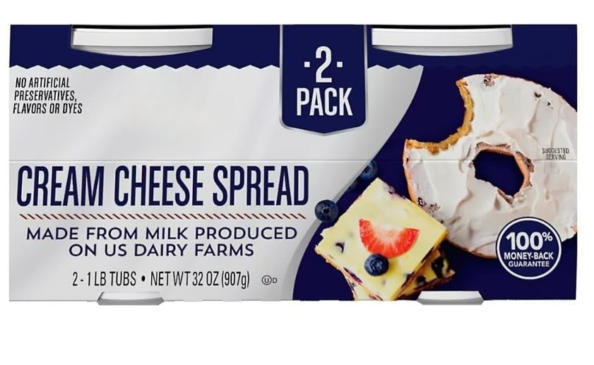 Cream Cheese Spread , contains no artificial preservatives, flavors or dyes. The gluten free cream cheese contains zero grams of trans fat per serving. Made from milk produced on US Dairy Farms, this spread is a delicious choice for all of your cream cheese needs. 2 PK [ 32 oz , 2 lb ]