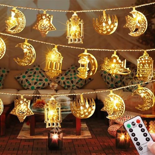 Homeleo Vintage Ramadan Decorations for Home, Battery Operated Ramadan Lights, 20 LED EID Mubarak Bronze Metal Moon Star Lantern String Lights for Mantle Window Tree Bedroom Classroom Ramadan Decor
