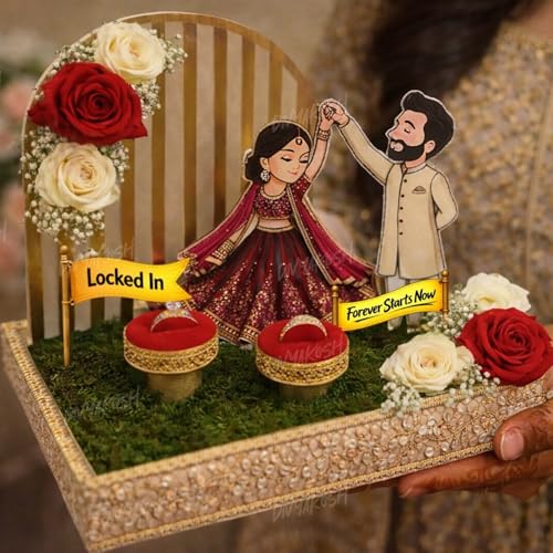 Image of Divyakosh Wedding Platter for Marriage | DIY Ring Ceremony Tray Set with Bride Groom Cutout, MDF Decor, Ring Holders, Floral Tray, Banner & Accessories Kit