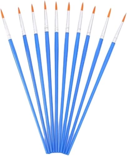Fine Tip Round Paint Brushes Set, Blue Handle, Nylon Bristles, for Watercolour and Acrylic Painting, 10 Pack