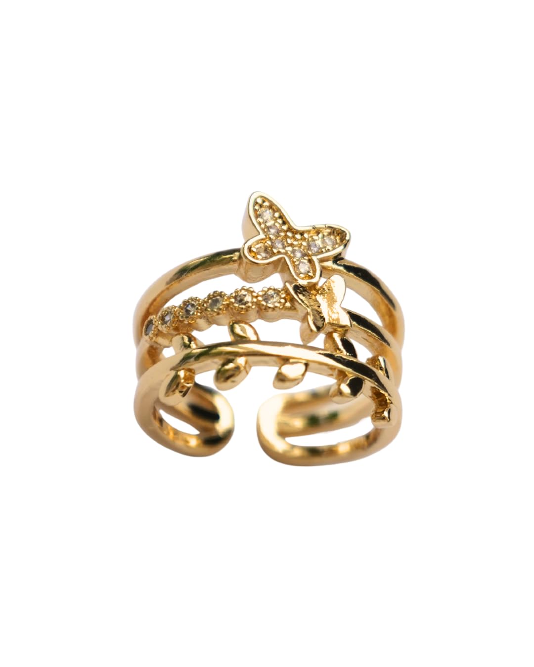 Gold Butterfly Adjustable Ring for Women & Girls | Leaf Vine Open Ring with Stone Detail | Elegant Daily Wear, Party & Gift Fashion Ring-image-43