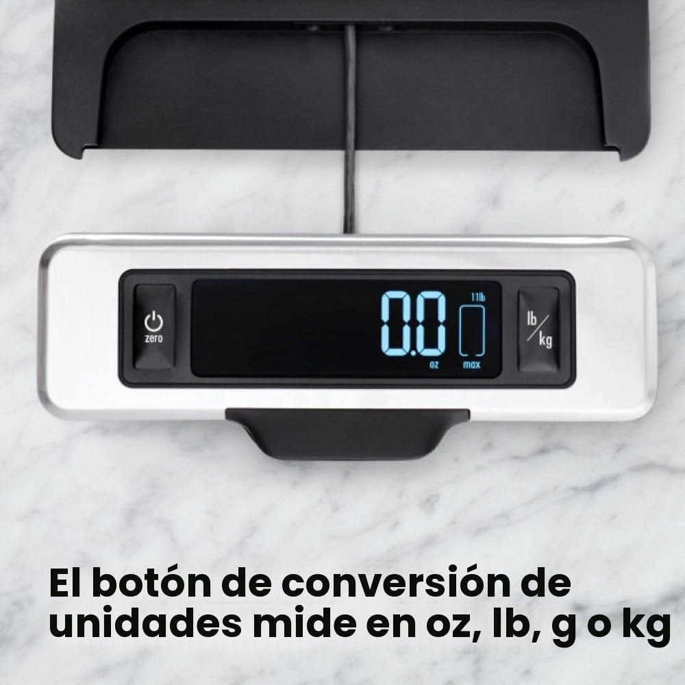 OXO Good Grips Balanza de Cocina de Acero Inoxidable de 5 kg: Pantalla Extraíble para Visualización sin Sombras + Números Digitales Fáciles de Leer + Diseño Compacto