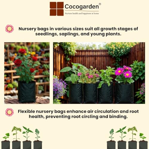 Image of cocogarden Plastic UV Protected Poly Grow Bag for Seedling Nursery Cover Plant Bags (Black, 8 x 10 inch) - Pack of 30 | for Terrace and Balcony Gardening, Kitchen Vegetable and Flowering Plants