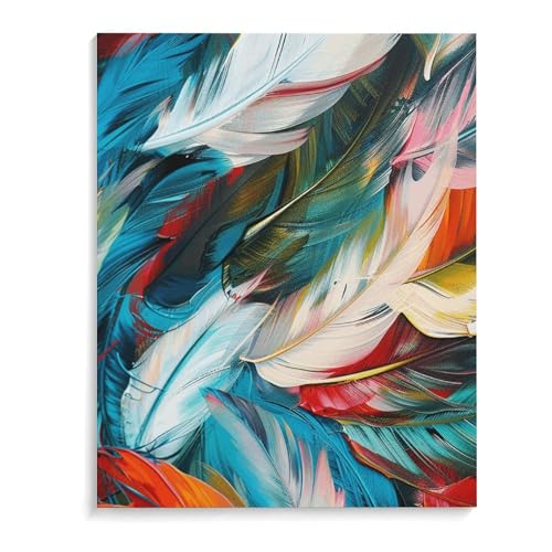 Tableau mural personnalisé plume colorée cadre coton lin prêt à accrocher