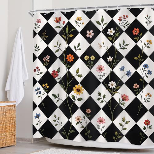 Black White Floral Checkerboard Cute Retro Bathroom Shower Curtain Set by Newsely - Used condition - Image 3