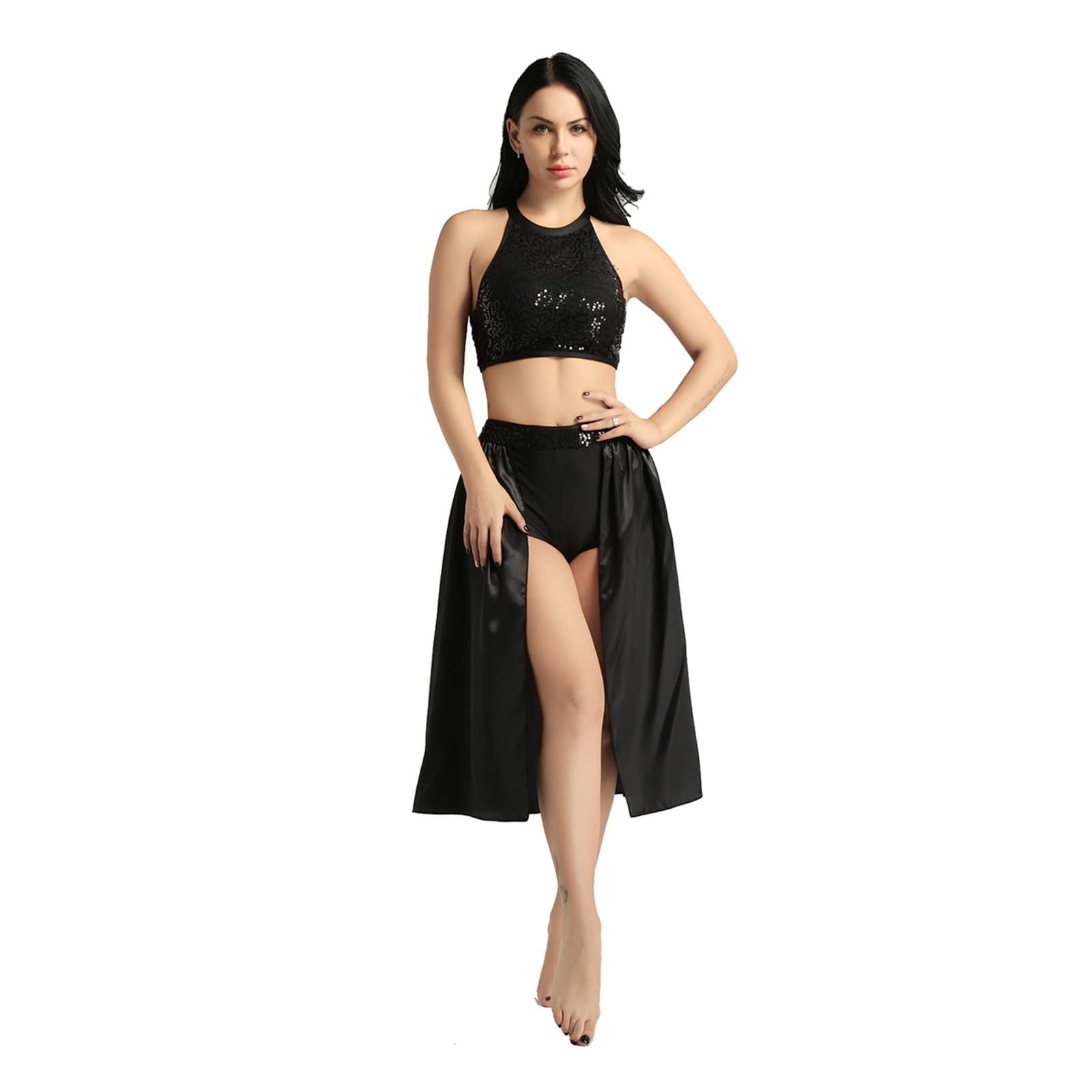 Vestido De Danza LíRica Moderno Vestido de Ballet for Mujer Trajes de Baile lírico Bailarina Leotardo Vestido de Baile Cuello Halter sin Mangas Top Corto de Lentejuelas Falda de Ballet