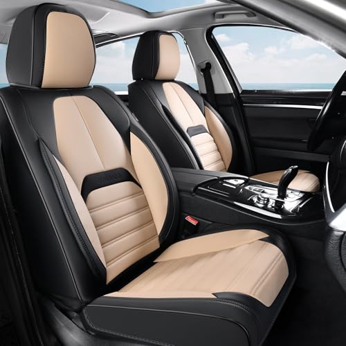 Image of Coverado Waterproof Nappa Leather Car Seat Covers, Automotive Seat Covers,Front Car Seat Cushion & Car Seat Protector, Seat Covers Universal Fit for Most Cars, SUVs,Trucks,Black&Beige