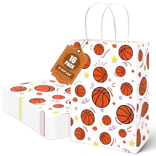 VGOODALL 16 Pack Gift Bags 5.5 x 2.8 x 8 Basketball Party Favor Bags with Handles for Sports Theme Birthday Party Supplies
