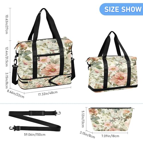 Watercolor Floral Pattern Gym Bag for Women Sport Travel Duffel Bag Shoulder Weekender Overnight Bags with Wet Pocket & Shoe Compartment3