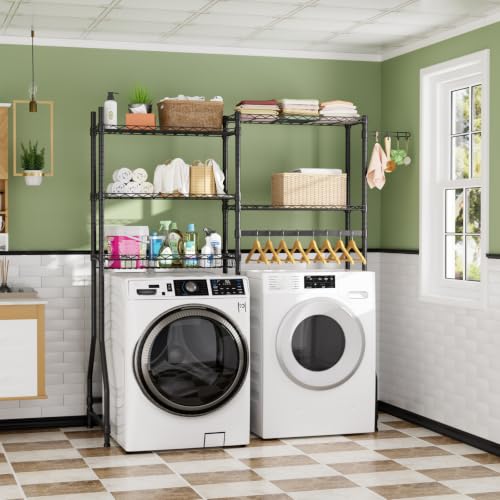 Image of Golpart Over Washer and Dryer Shelves,Heavy Duty Laundry Room Storage Organization Clothes Drying Rack,5 Tier Adjustable Height Wire Shelving and Wire Basket with Hanger Rod&Hook,Space Saving Shelf