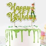 'Petr Pan Happy Birthday Cake Topper – Neverland Theme Birthday Party Supplies – Magical Green and Gold Cake Decoration with Petr Pan, Tinker Bell, and Fairy Dust Design for Boys Girls and Fans'