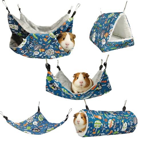 kathson 5 PCS Guinea Pig Hammock Set Washable Rat Hammock Guinea Pig Hideout Bed Soft Hamster Hanging Tunnel Mats Small Pets Cage Accessories for Chinchilla Sugar Glider Squirrel(Blue)