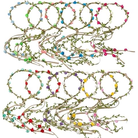HOPEANT 12PCS Multicolor Flower Crown Floral Headband Wreath Garland Headbands, 16 Pieces Flowers Tie on Ratton and Hemp Rope,Unique Design for Women Wedding Party Photo Props Cover