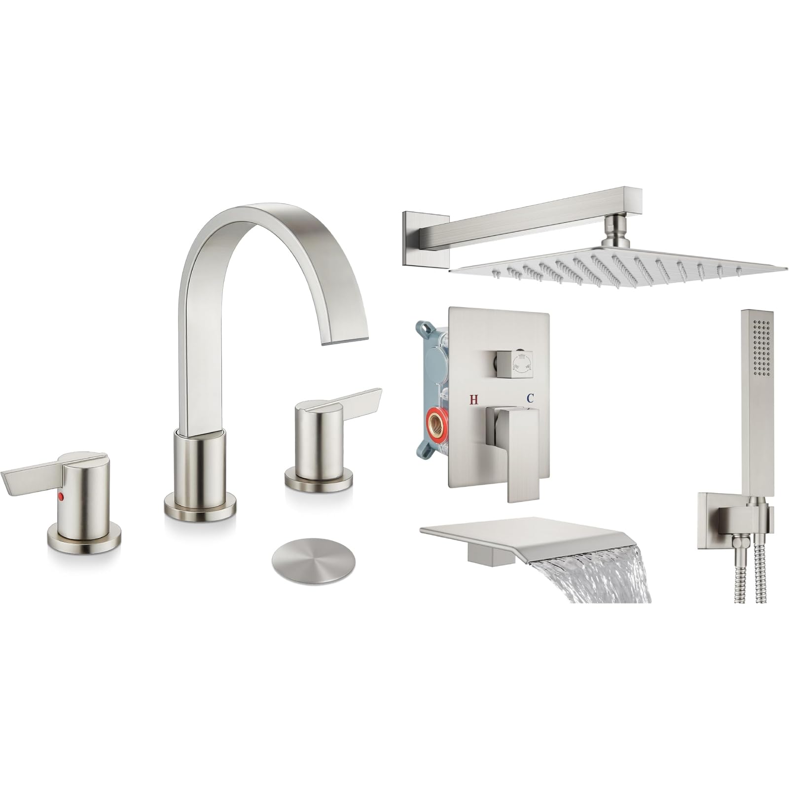 Sxithgkdw Brushed Nickel Morden Widespread Bathroom Faucet 3 Holes 2 Handles 8 Inch Vanity Faucet With 10 Inch Brushed Nickel Rain Shower System Tub Shower Faucet Set Square Rainfall Shower Head