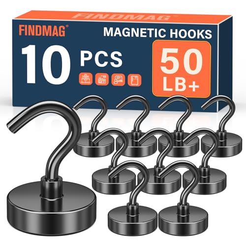 Image of FINDMAG 50LB+ Magnetic Hooks for Cruise Cabins, 10 Pack Black Magnetic Hook | Strong Neodymium Magnet Hooks for Hanging, Fridge, Garage, Home, Beach Vacation, Cruise Cabin Organizer for Office