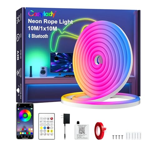 Cozylady Led Light Strip 10M/32FT Bluetooth Neon Light Strip Waterproof RGB Neon Strip Lights Music Sync Remote/APP Control Flexible LED Neon Lights for Bedroom Room IP67 Outdoor Indoor Decor