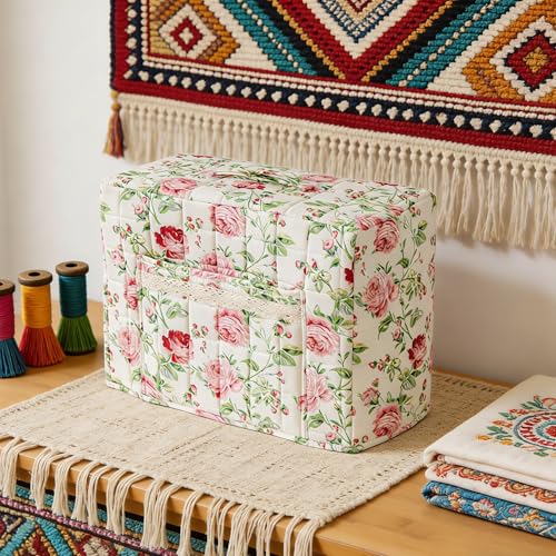 Sewing Machine Dust Cover, Floral Quilted Sewing Machine Cover with Pocket, Craft Room Sewings Supply Organizer (Pink, 17 Inches)