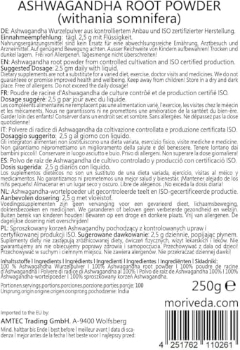 Foto von Ashwagandha Pulver - 100% Wurzelpulver - Ashwagandha fein gemahlen -hochwertige indische Schlafbeere - vegan und glutenfrei - Superfood - von MoriVeda - 250g