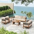 Christopher Knight Home Quixley Acacia Wood 5 Piece Patio Furniture Set, Large Wooden Patio Conversation Set with Club Chair+Coffee Table, 7-Seater Outdoor Loveseat Sofa Chair and Table Set,Teak+Beige