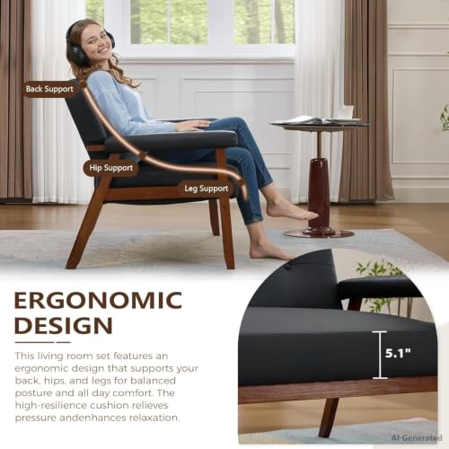 Image of JIASTING 50 inch Black Leather Loveseat Sofa, Small Office Couch with Wood Arms
