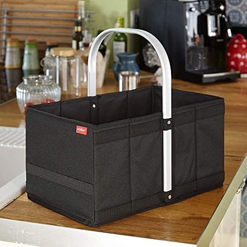 achilles Handle Box, Foldable shopping basket, Carrying basket with aluminum handle, Folding basket, Picnic basket, Shopping box, Shopping bag, Folding box, Basket box (40x24x20 cm, Black)